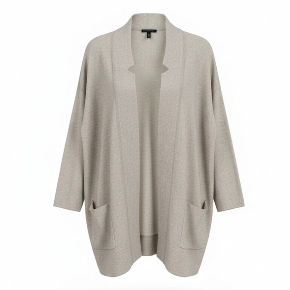 Eileen Fisher Women Open Cardigan Merino Wool Silk Italian Yarn Oatmeal Size L